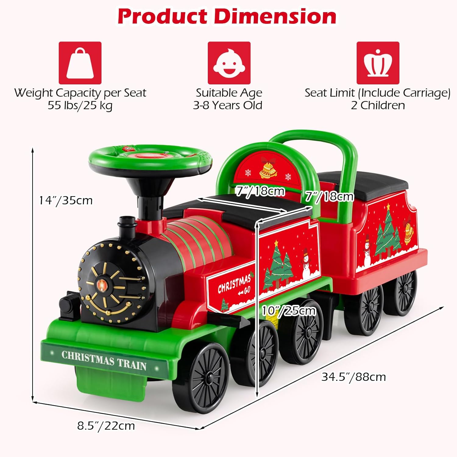 OLAKIDS 6V 2-Seater Ride on Train with Carriage, Storage, Train Whistle, Music, Lights for 18 Months+