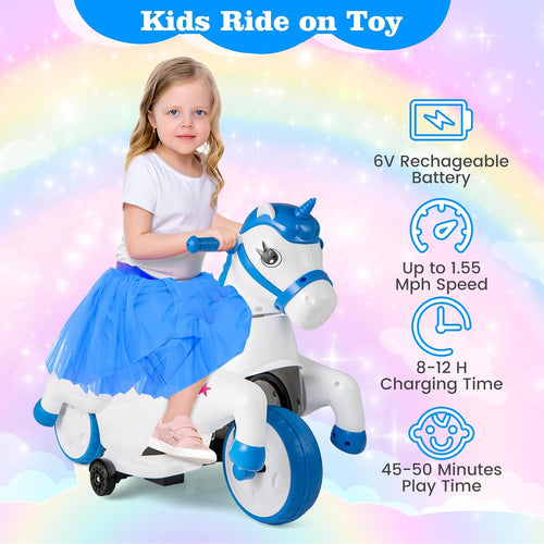 OLAKIDS 2 in 1 Ride on Motorcycle and Horse, Unicorn 6V Battery Powered Ride on Toy  Aged 3-6 Years