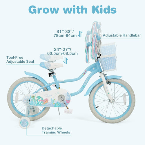 Olakids Kids Bike, 12 14 16 18 20 Inch Mermaid Theme Girls Bicycle with Training Wheels
