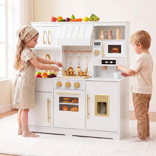 OLAKIDS Wooden Toy Kitchen Set with Lights Sounds Ice Machine Coffee Maker 12Pcs Accessories for Kids Ages 3+