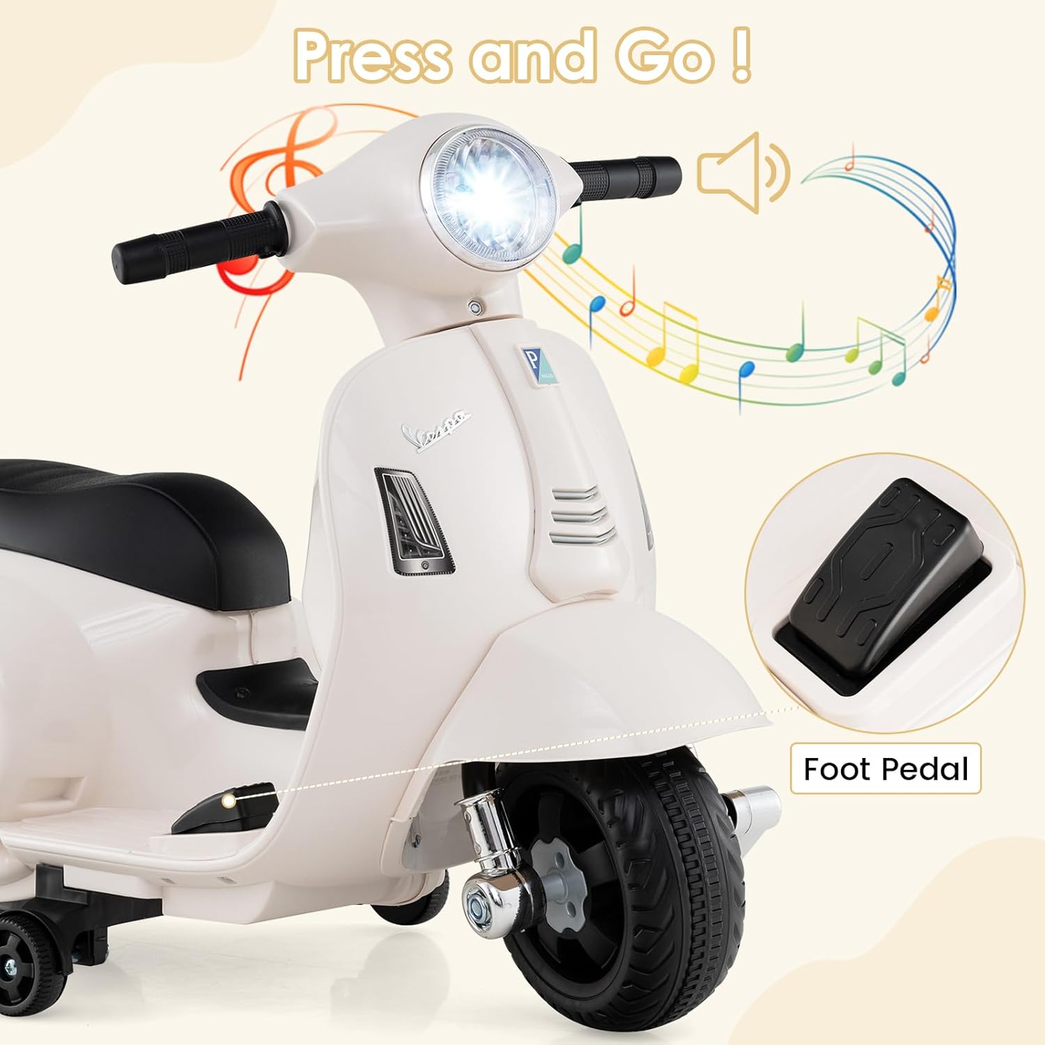 Licensed Vespa Scooter Kids Motorcycle by OLAKIDS, 6V Ride on Electric Motorcycle with Training Wheels