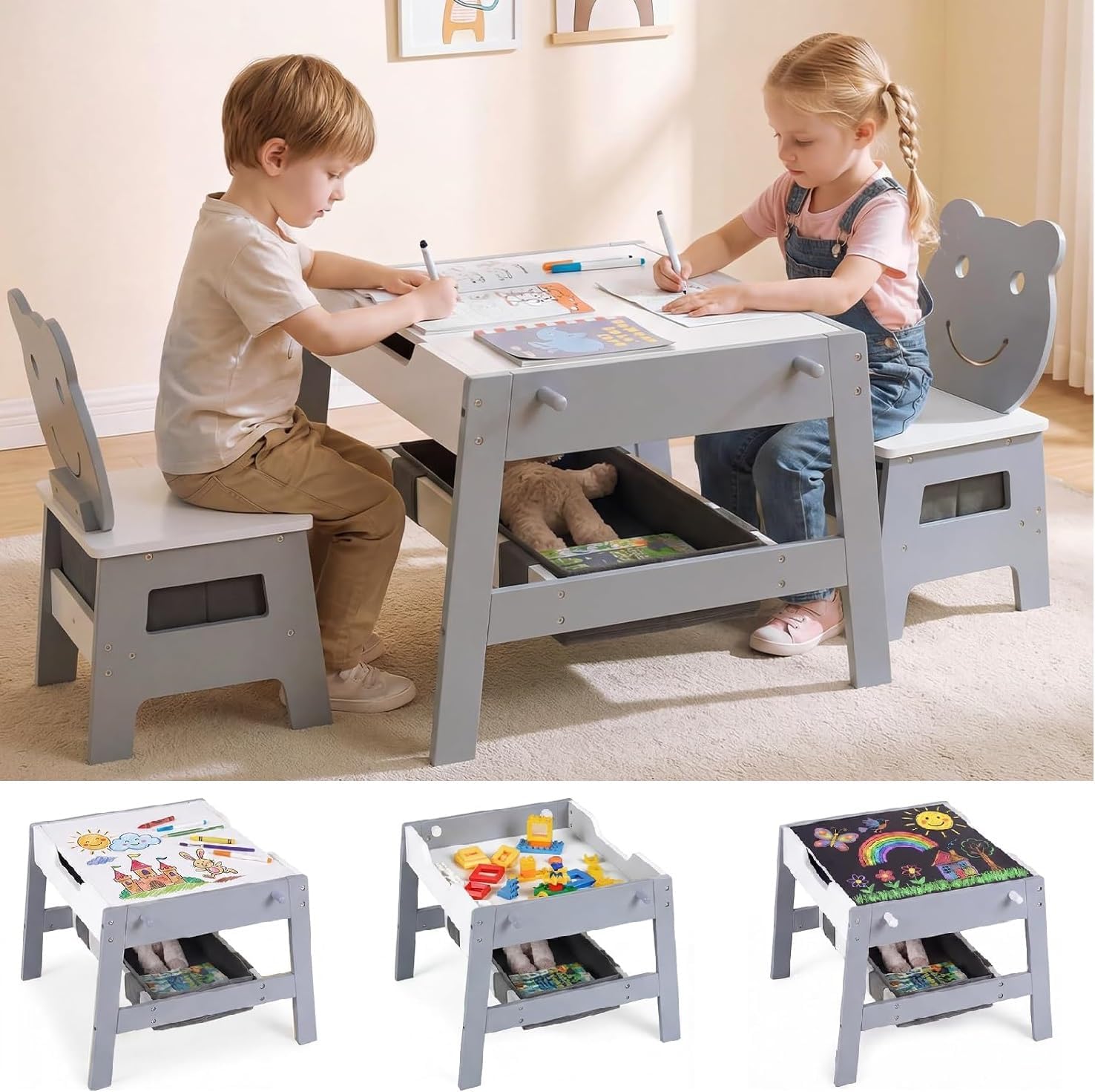 OLAKIDS Kids Table and Chair Set, 4 in 1 Wooden Activity Desk