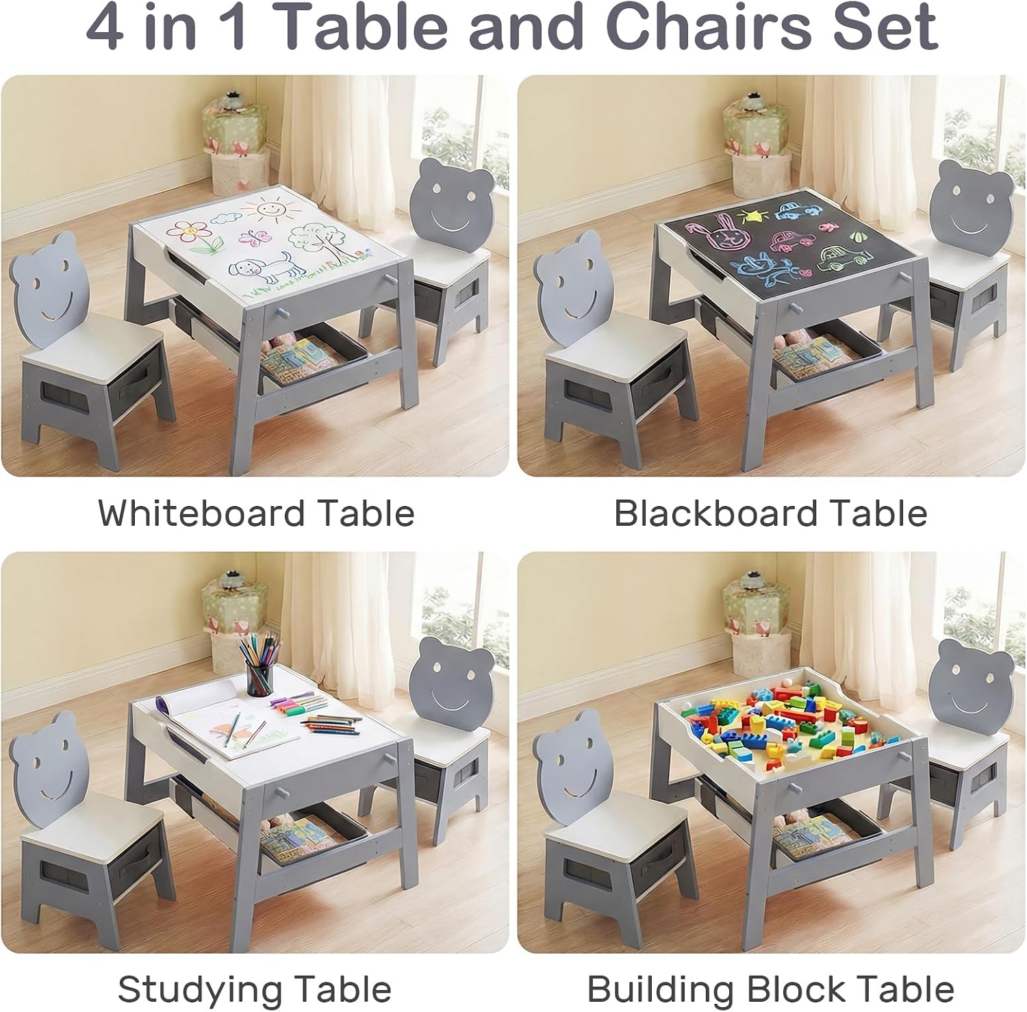 OLAKIDS Kids Table and Chair Set, 4 in 1 Wooden Activity Desk