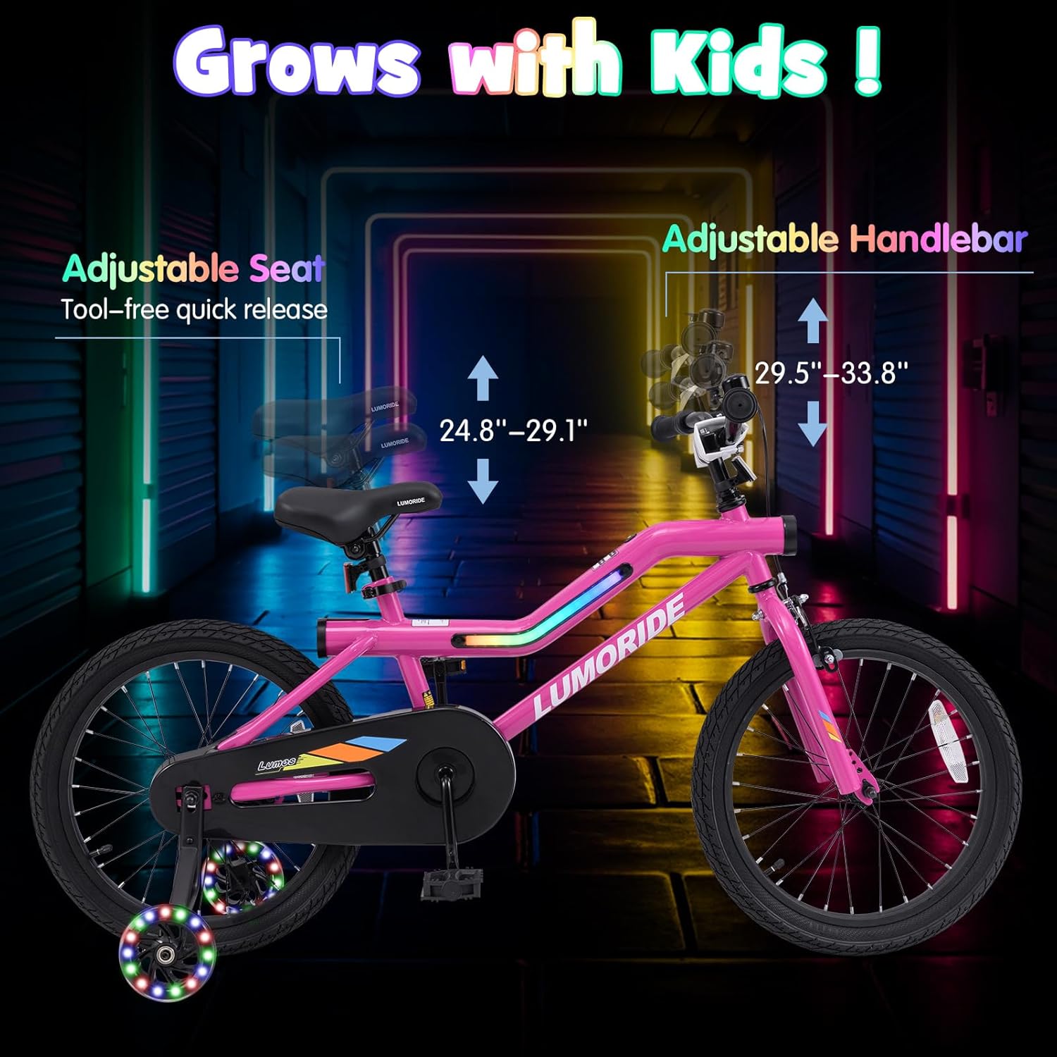 OLAKIDS Kids Bike with LED Lights & Training Wheels, Adjustable Bicycle for Toddlers