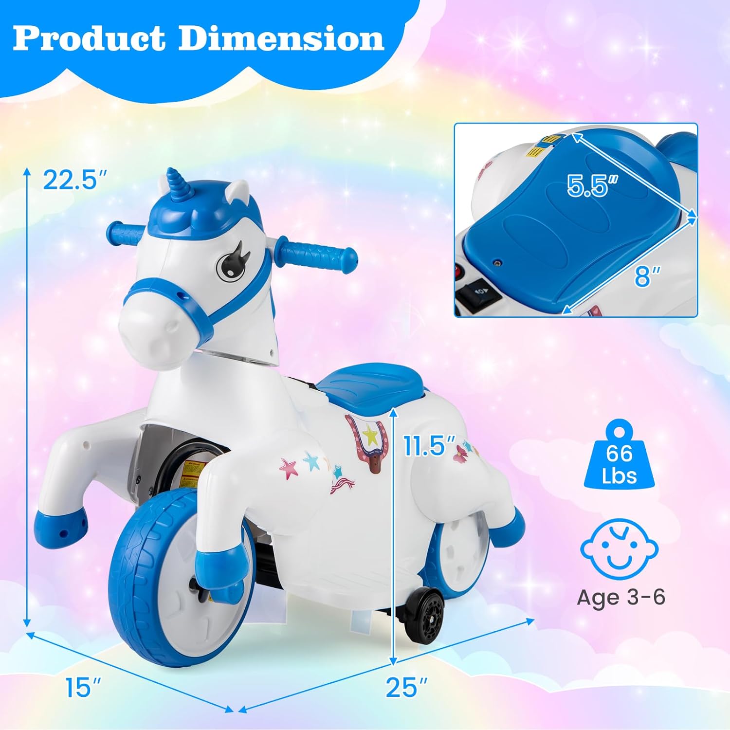 OLAKIDS 2 in 1 Ride on Motorcycle and Horse, Unicorn 6V Battery Powered Ride on Toy  Aged 3-6 Years
