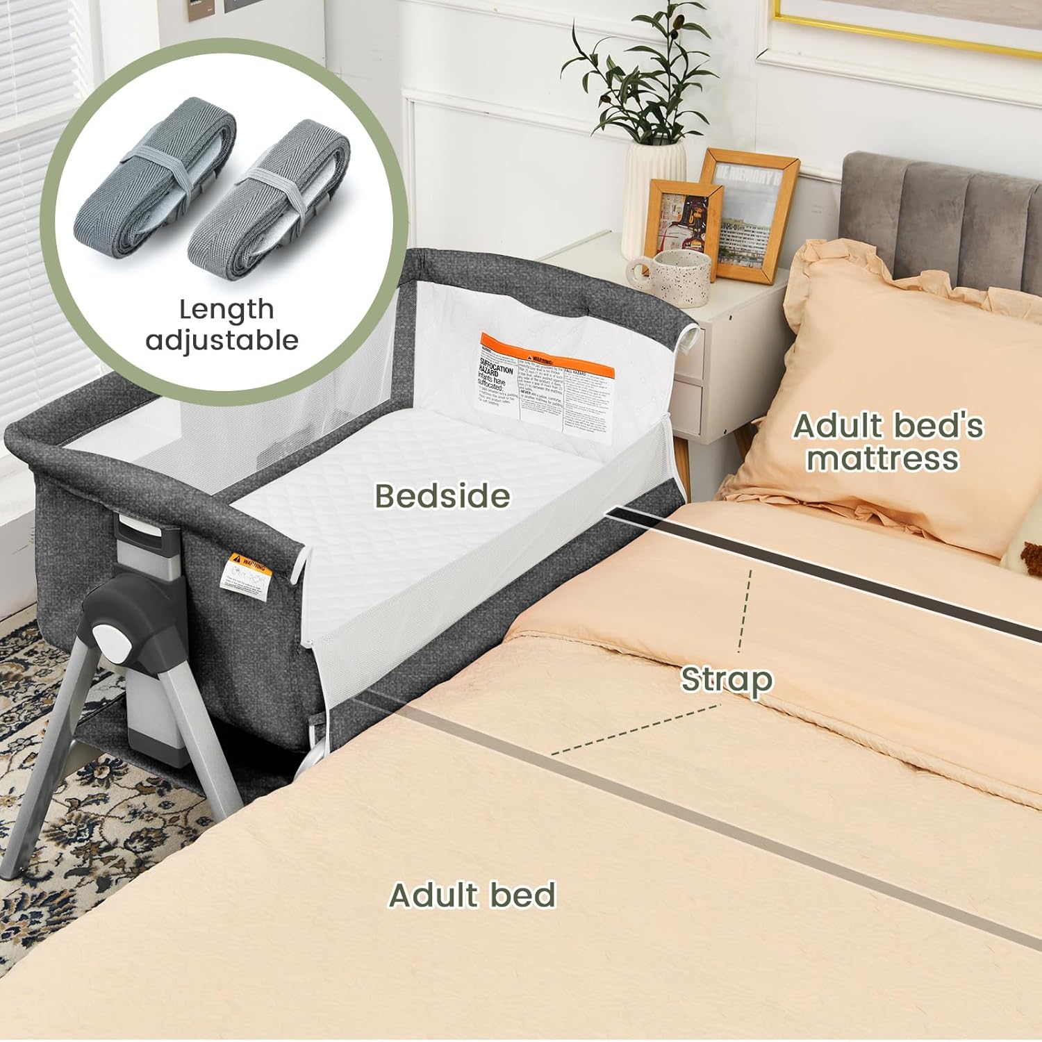 INFANS Baby Bassinet Bedside Crib, Newborn Sleeping /Large Storage Basket, Adjustable Heights & Angle, Easy Moving Bed Side