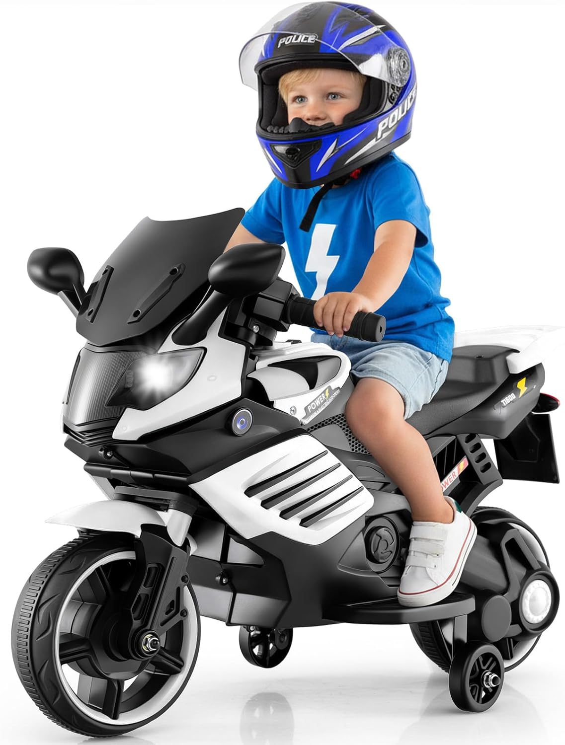 OLAKIDS 6V Kids Motorcycle with Training Wheels, Horn, Music, Headlight for Boys Girls Aged 3+ Years (White)