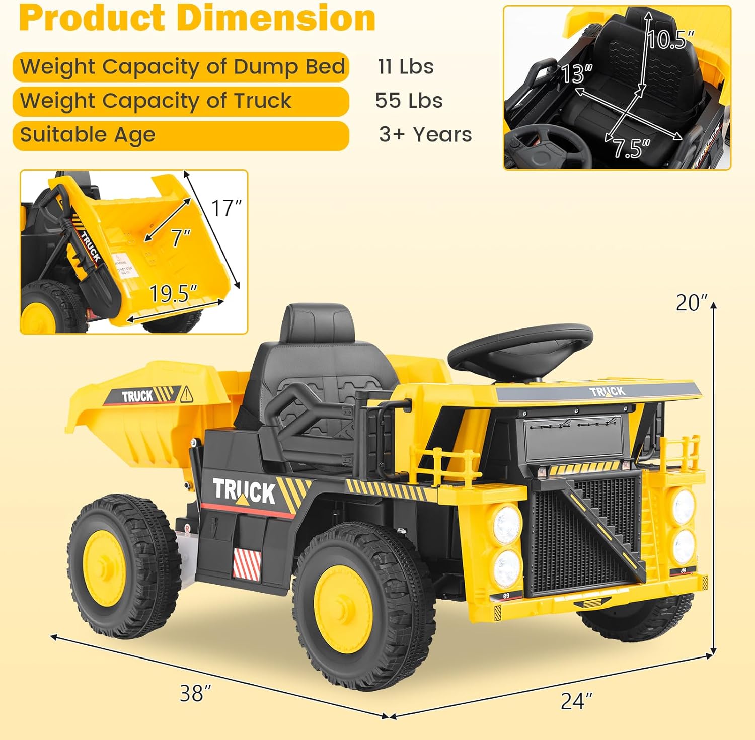 OLAKIDS Ride on Dump Truck, 12V Kids Electric Car Ride on Construction Vehicles with Remote Control, Electric Dump Bed, Shovel, Soft Start, Music, Bluetooth, Ride on Toys for Girls Boys