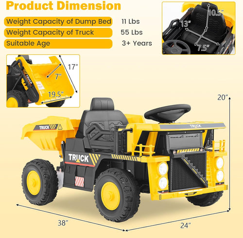OLAKIDS Ride on Dump Truck, 12V Kids Electric Car Ride on Construction Vehicles with Remote Control, Electric Dump Bed, Shovel, Soft Start, Music, Bluetooth, Ride on Toys for Girls Boys