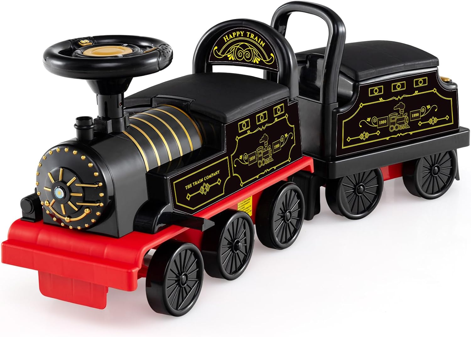 OLAKIDS 6V 2-Seater Ride on Train with Carriage, Storage, Train Whistle, Music, Lights for 18 Months+