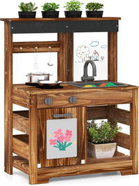 OLAKIDS Mud Kitchen, Outdoor Play Kitchen with Drawing Board, 4 Cups, Removable Sink, Storage, Cooking Accessories for Boys Girls Ages 3+