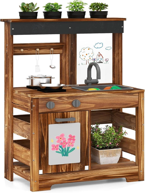 OLAKIDS Mud Kitchen, Outdoor Play Kitchen with Drawing Board, 4 Cups, Removable Sink, Storage, Cooking Accessories for Boys Girls Ages 3+