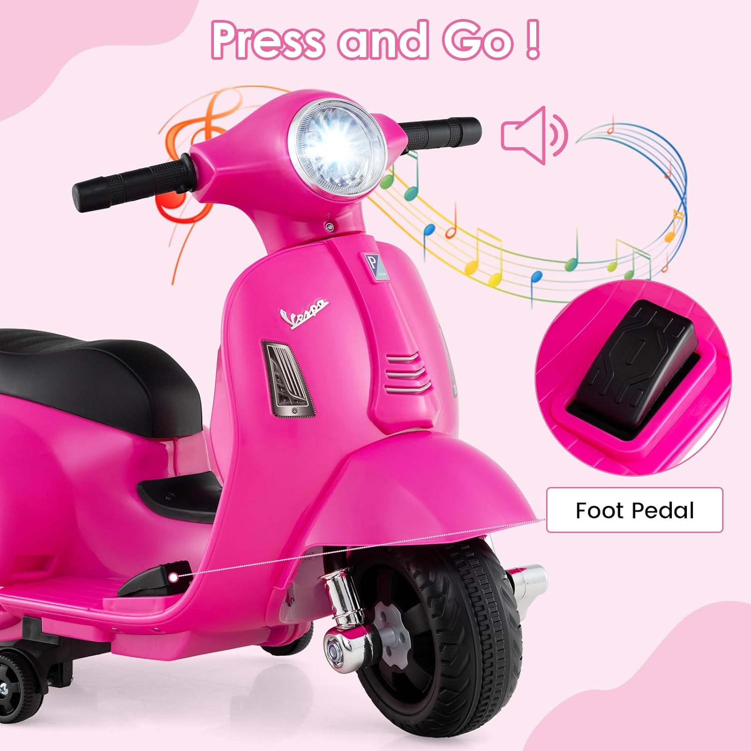 Licensed Vespa Scooter Kids Motorcycle by OLAKIDS, 6V Ride on Electric Motorcycle with Training Wheels