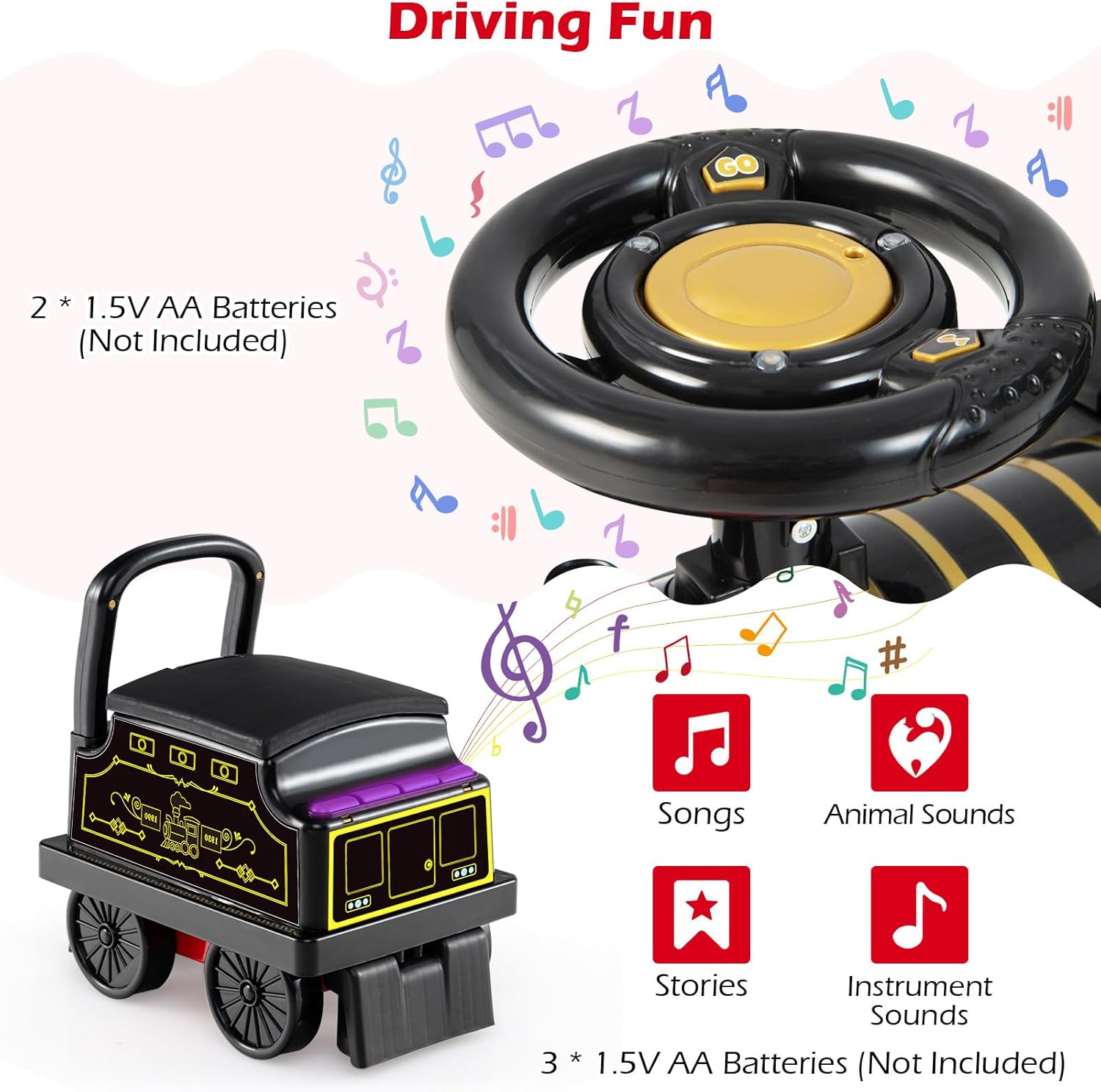 OLAKIDS 6V 2-Seater Ride on Train with Carriage, Storage, Train Whistle, Music, Lights for 18 Months+