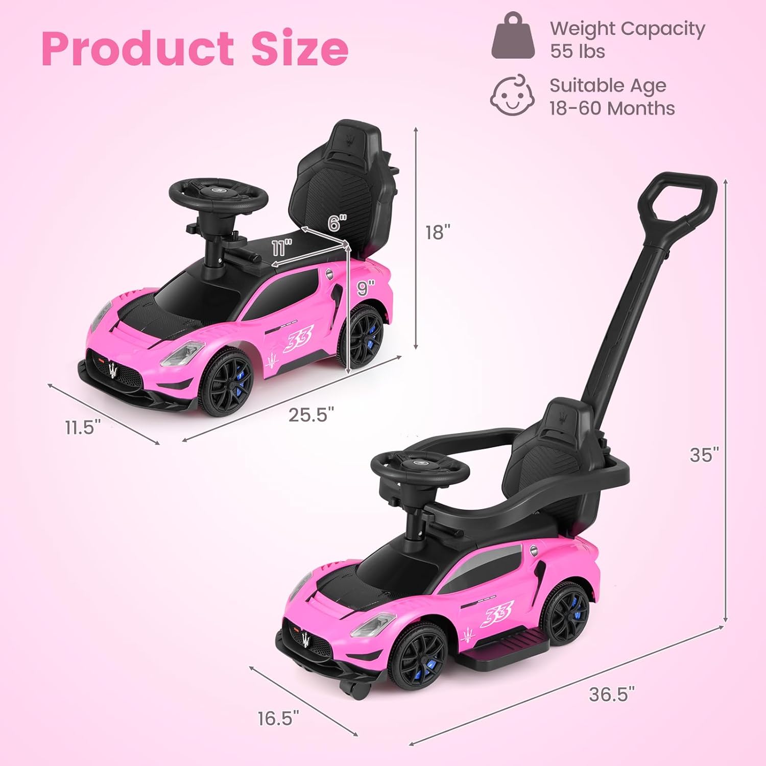 OLAKIDS Push Car for Toddlers, Licensed Maserati 3 in 1 Baby Ride on Sliding with Parent Control Handle