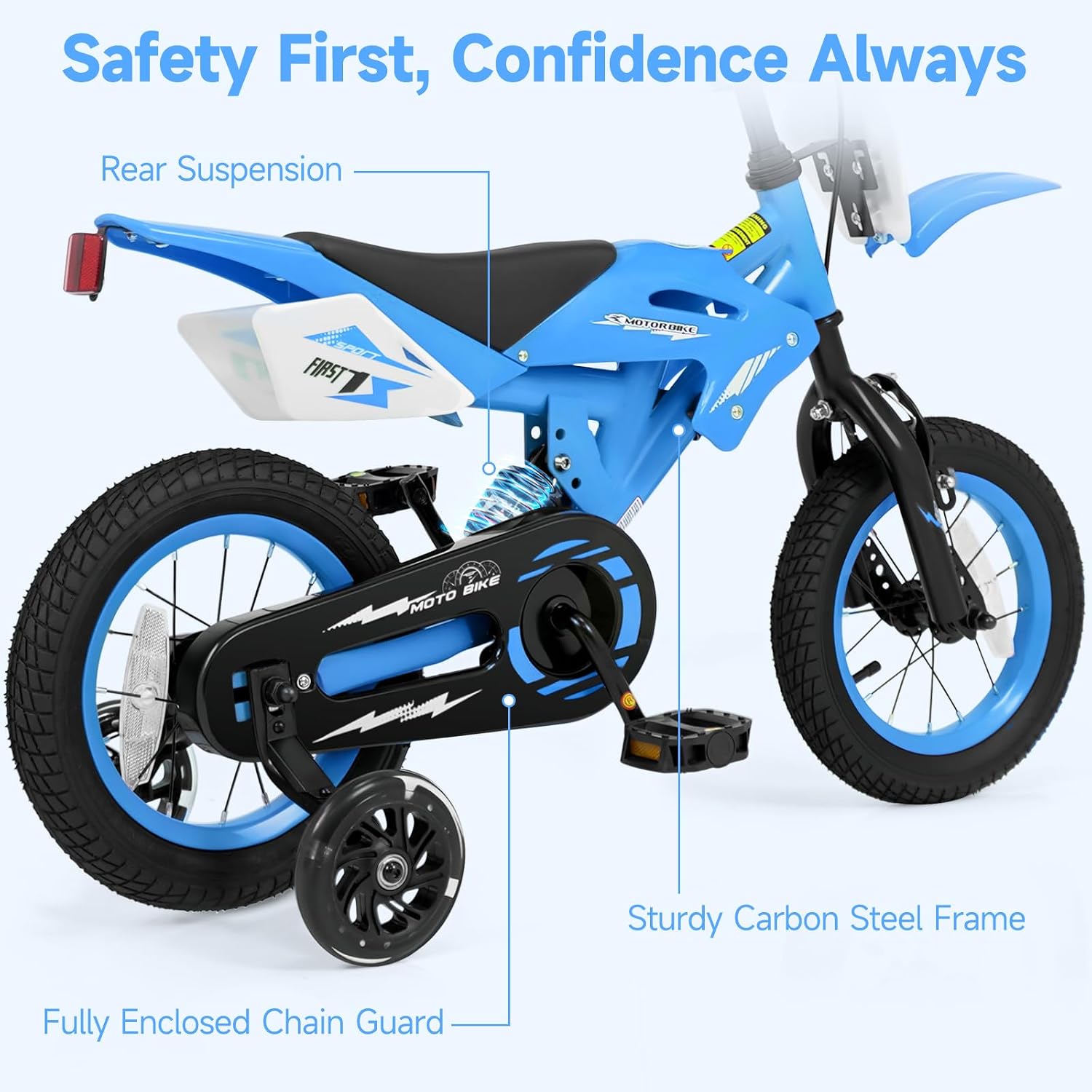 Olakids 12/16 Inch Motorcycle Kids BMX Bike with Light Training Wheels & Suspension