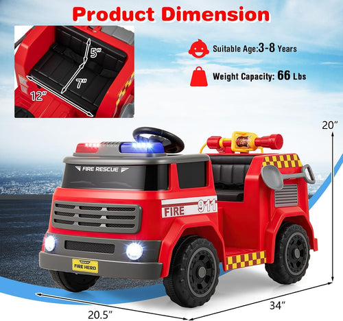OLAKIDS 12V Ride on Fire Truck with Water Gun, Tank, Megaphone, Siren, Alarm Lamps, Shovel, Remote Control, Music, Aged 3+ Years