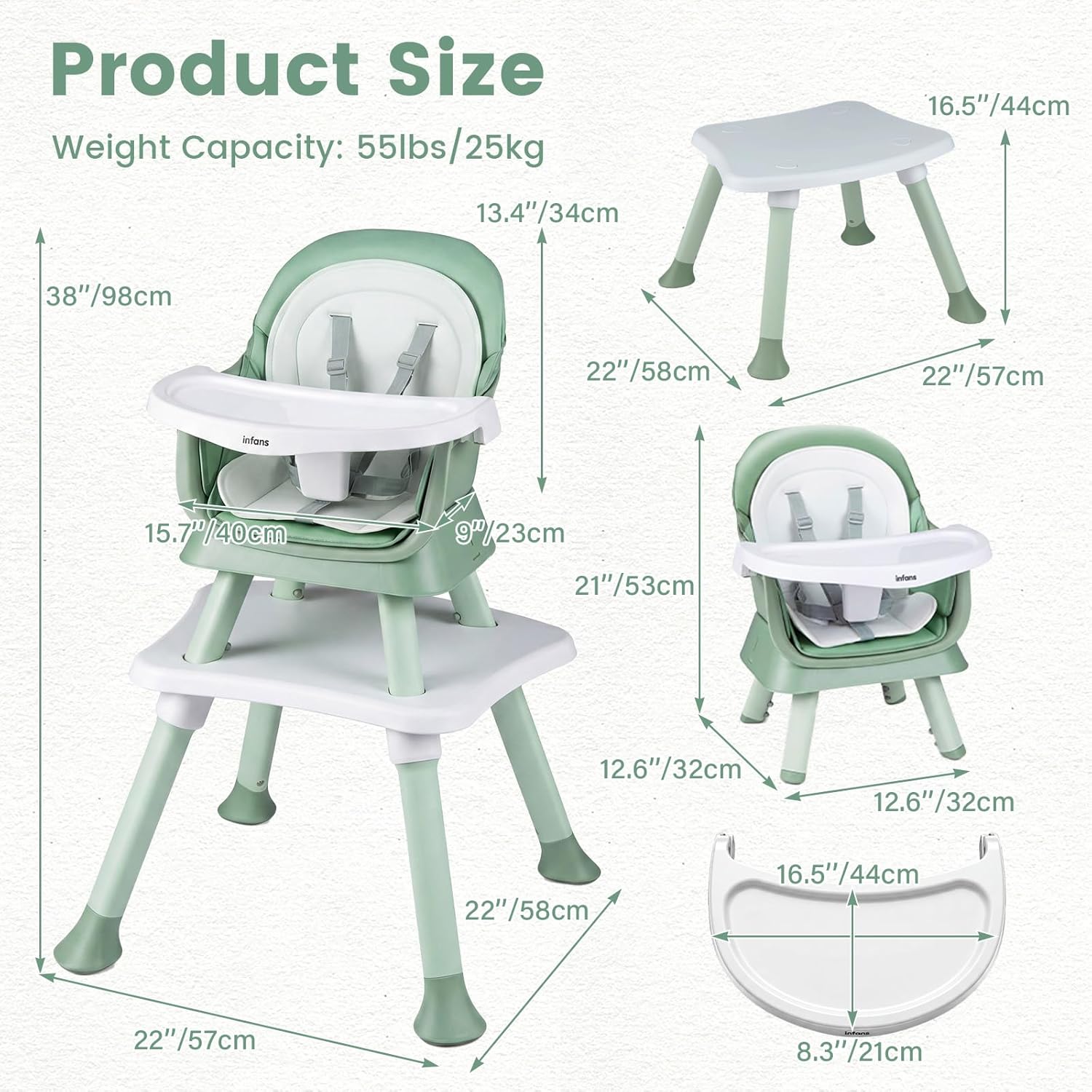 INFANS 8 in 1 Baby High Chair, Convertible Highchair for Babies and Toddlers, Infant Dining Booster Seat
