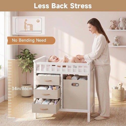 INFANS Wooden Baby Changing Table with 3 Fabric Drawers & Laundry Hamper