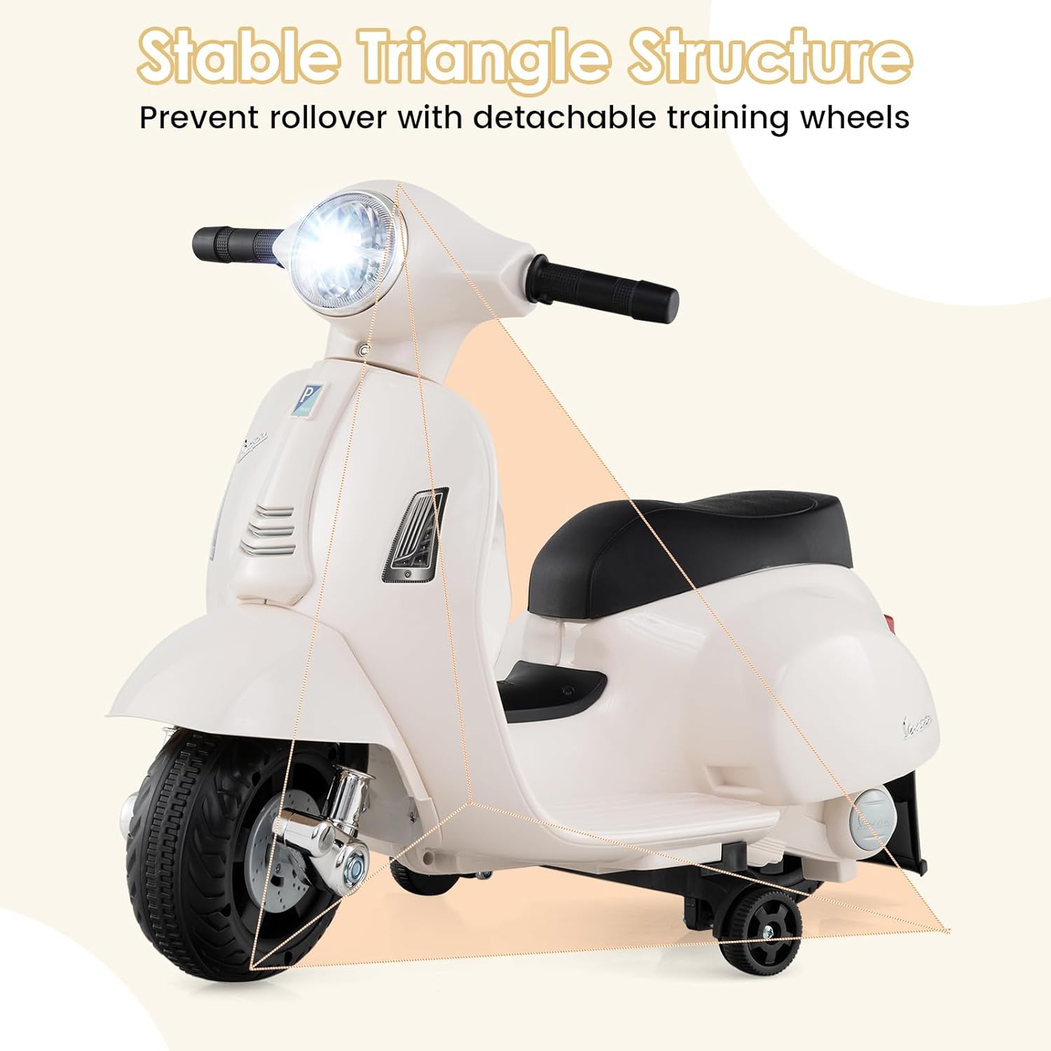Licensed Vespa Scooter Kids Motorcycle by OLAKIDS, 6V Ride on Electric Motorcycle with Training Wheels