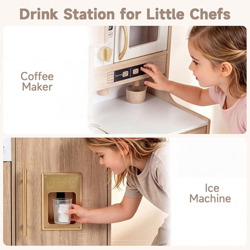 OLAKIDS Wooden Toy Kitchen Set with Lights Sounds Ice Machine Coffee Maker 12Pcs Accessories for Kids Ages 3+