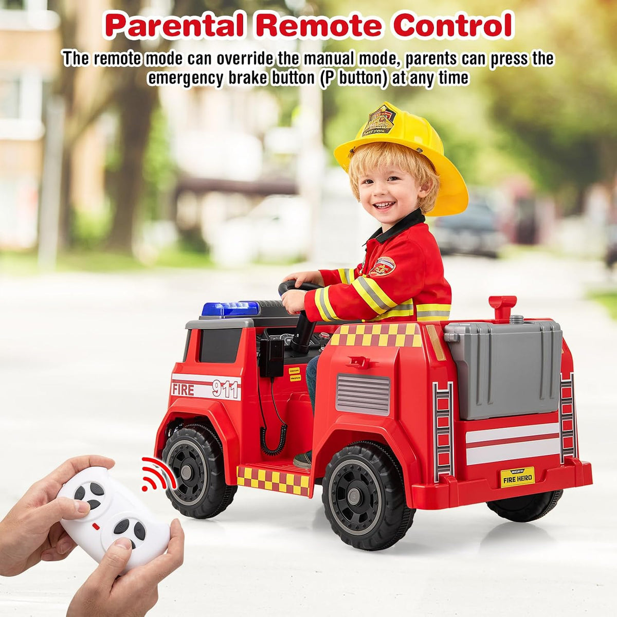 OLAKIDS 12V Ride on Fire Truck with Water Gun, Tank, Megaphone, Siren, Alarm Lamps, Shovel, Remote Control, Music, Aged 3+ Years