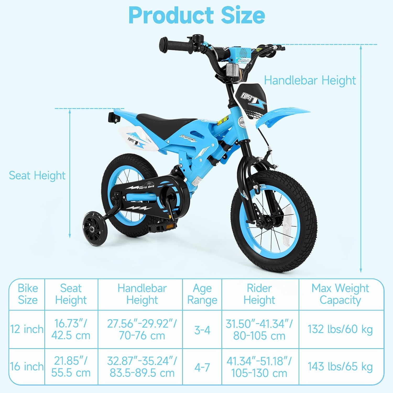 Olakids 12/16 Inch Motorcycle Kids BMX Bike with Light Training Wheels & Suspension