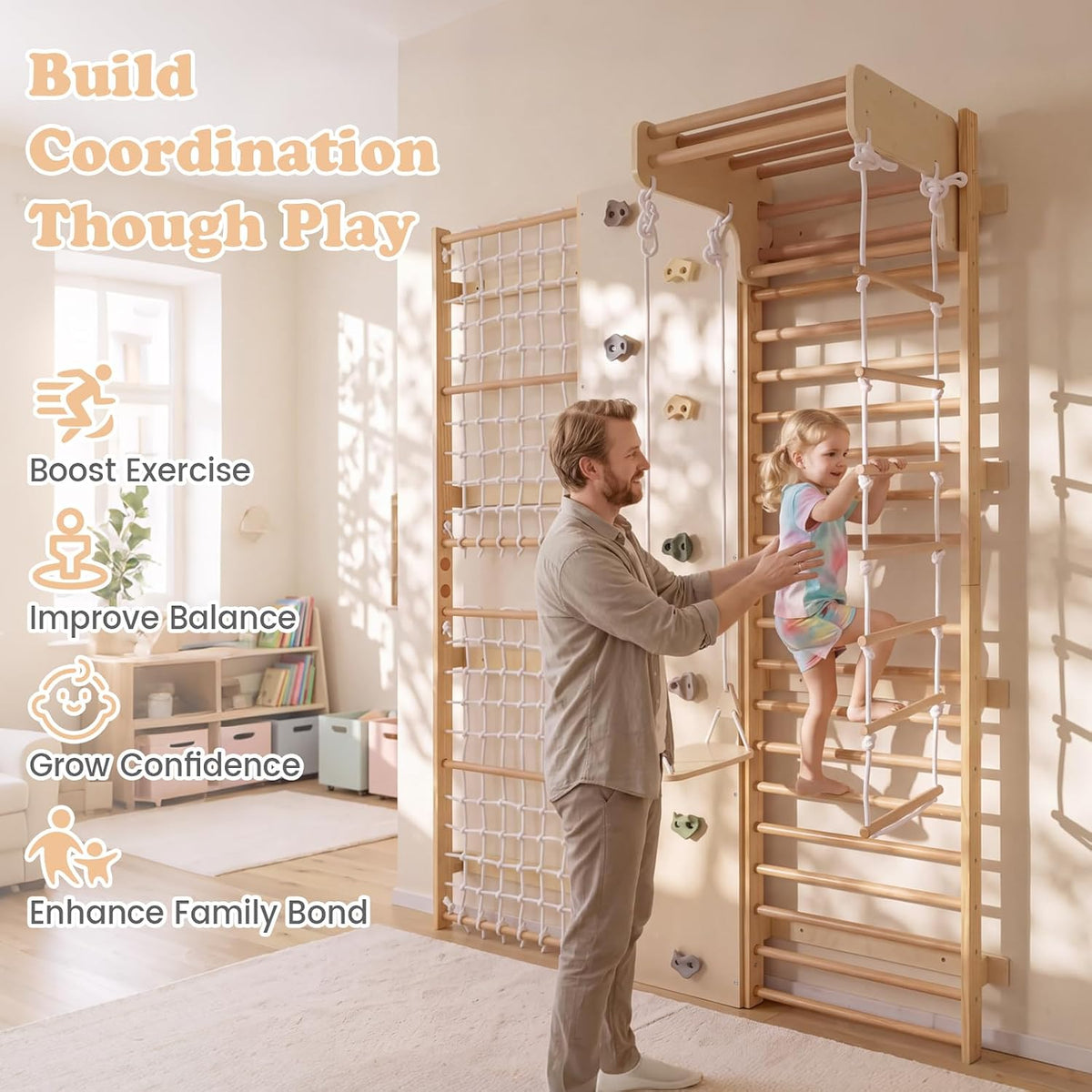 OLAKIDS Toddler Climbing Toys Indoor, 6 in 1 Swedish Ladder Wall Gym Kids