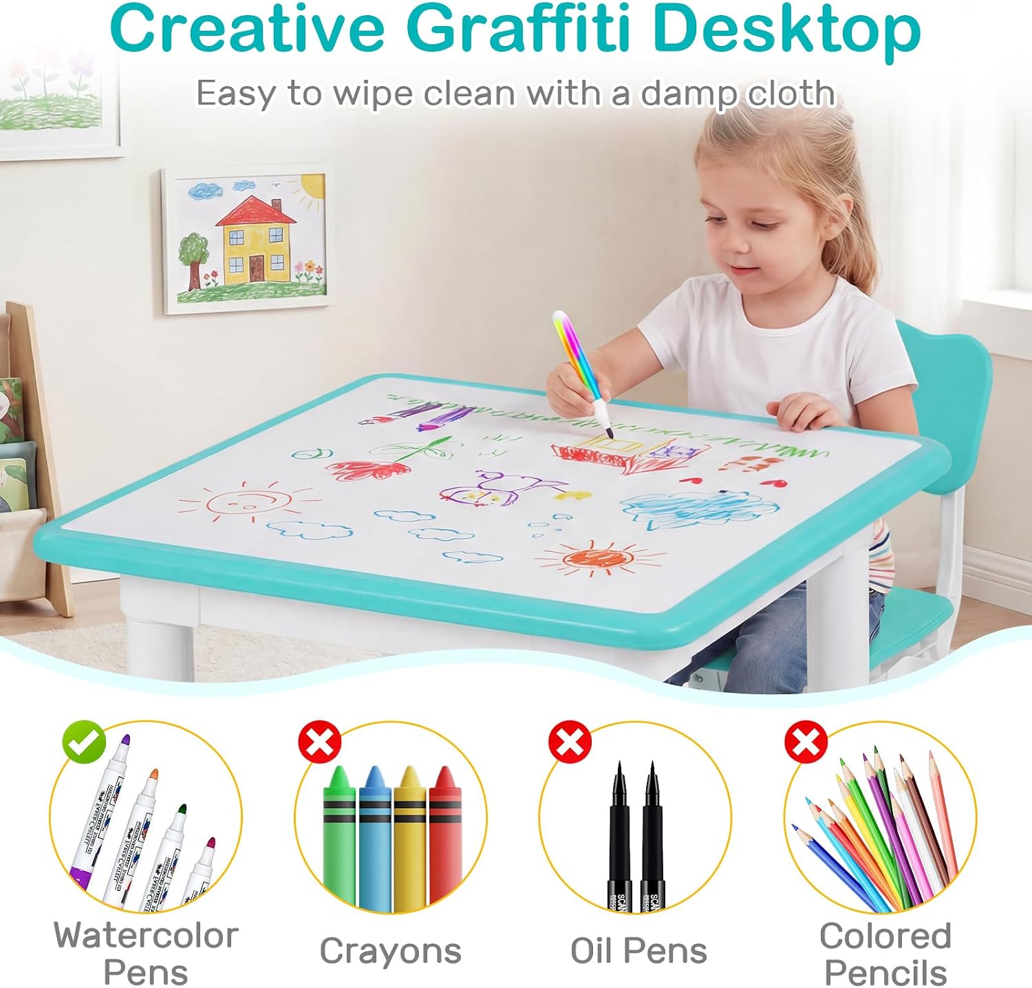 Olakids Kids Table and 2 Chair Set Children Furniture for Arts Crafts Learning Drawing