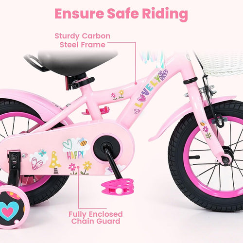 Olakids Kids Bike, 12 14 16 18 Inch Sweet Heart Theme Girls Bicycle with Training Wheels