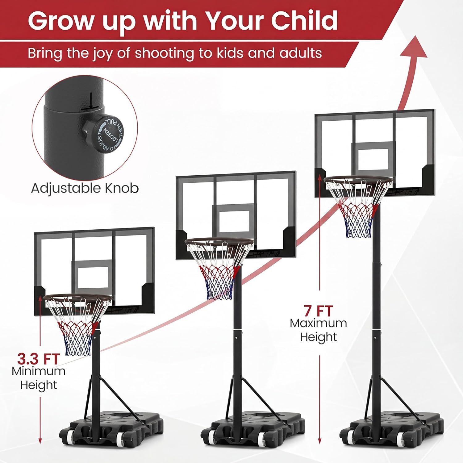 OLAKIDS Basketball Hoop Outdoor, Portable 3.3-7 FT Height Adjustable Goal System