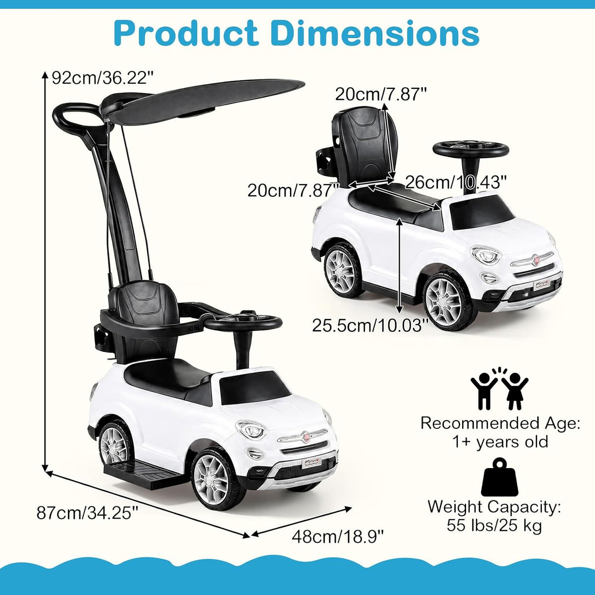 OLAKIDS Licensed Fiat 500X Push Car for Toddlers 4 in 1 Kids Ride on Toys