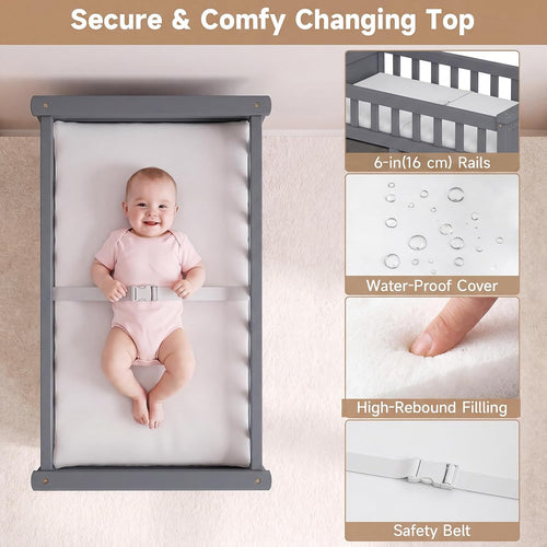 INFANS Wooden Baby Changing Table with 3 Fabric Drawers & Laundry Hamper