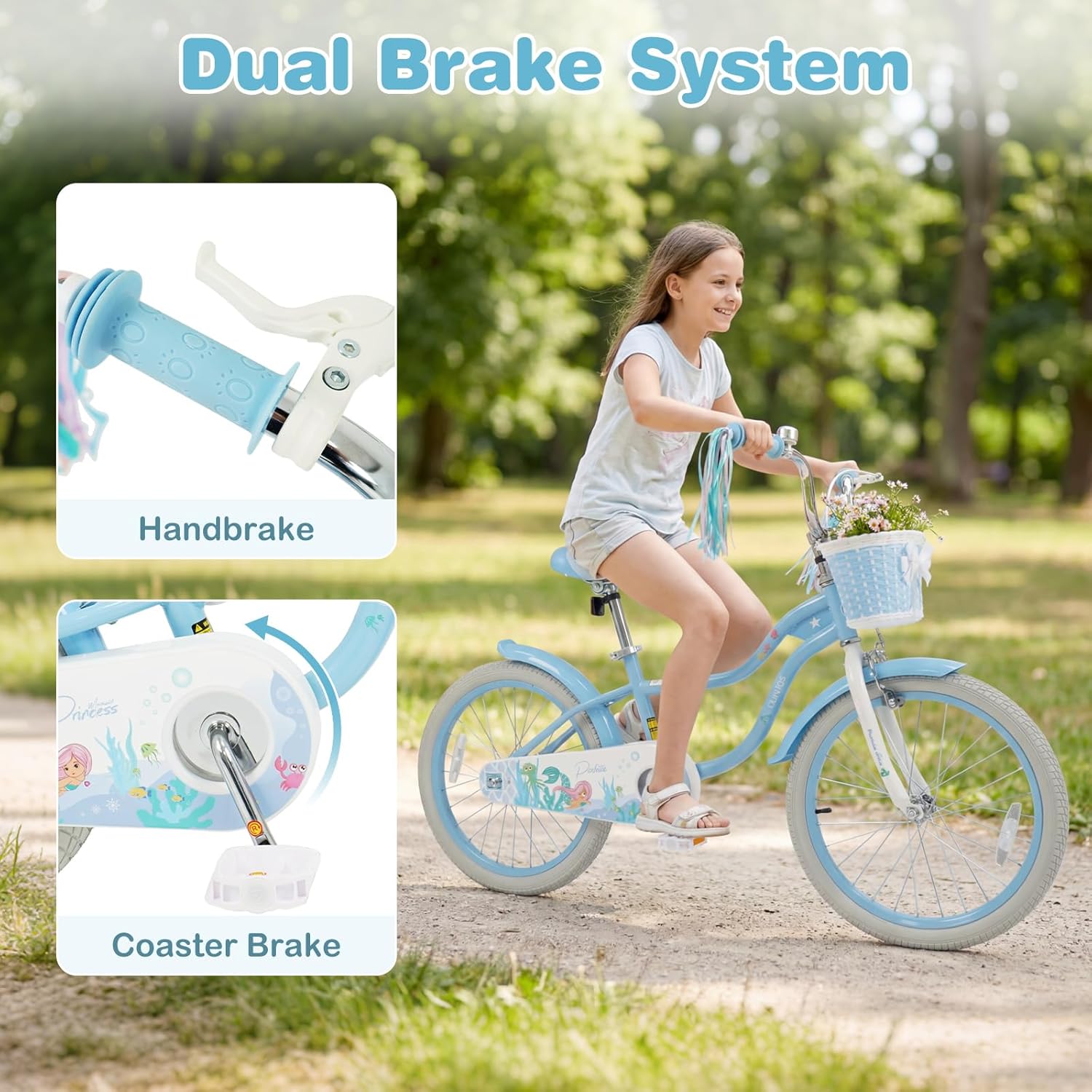 Olakids Kids Bike, 12 14 16 18 20 Inch Mermaid Theme Girls Bicycle with Training Wheels
