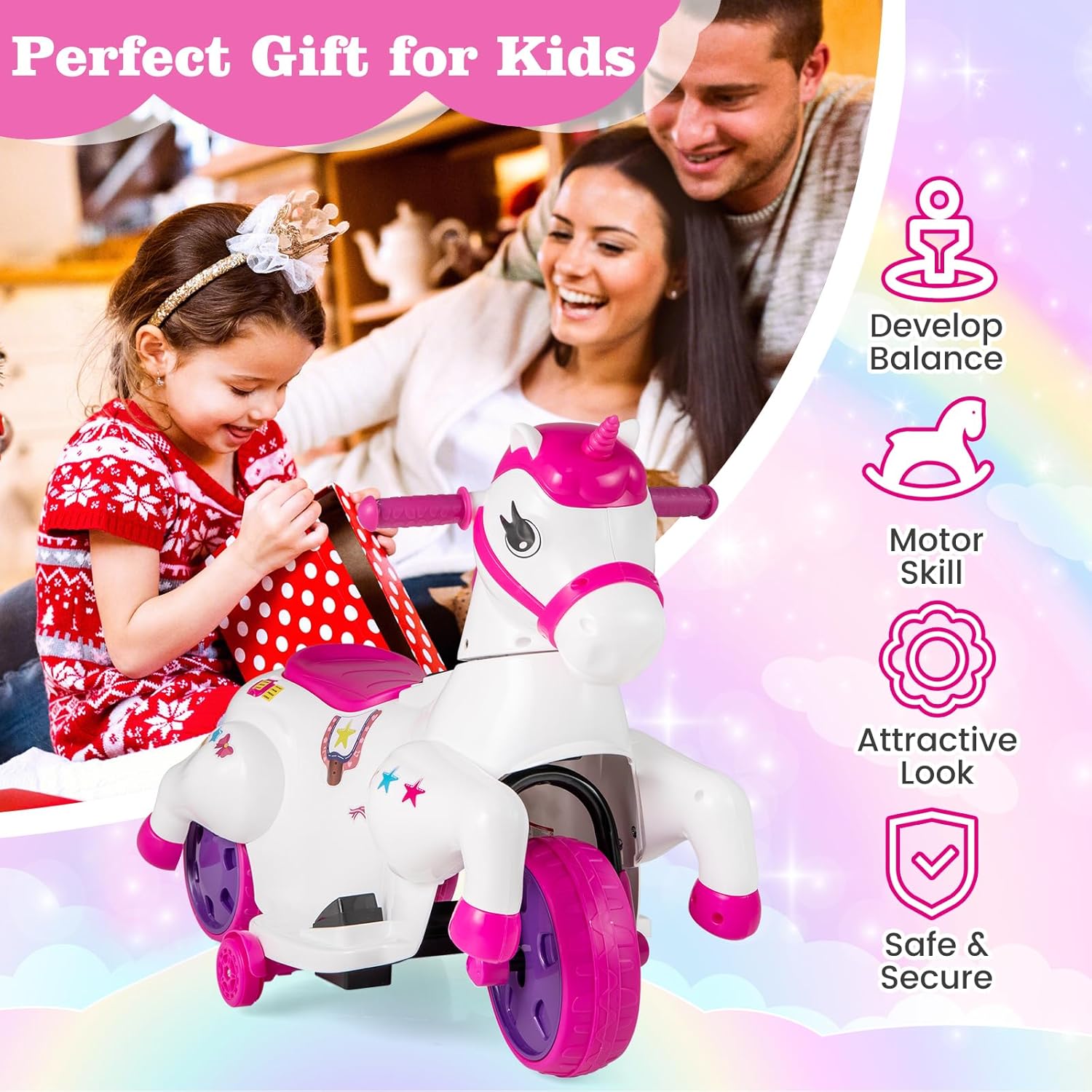 OLAKIDS 2 in 1 Ride on Motorcycle and Horse, Unicorn 6V Battery Powered Ride on Toy  Aged 3-6 Years