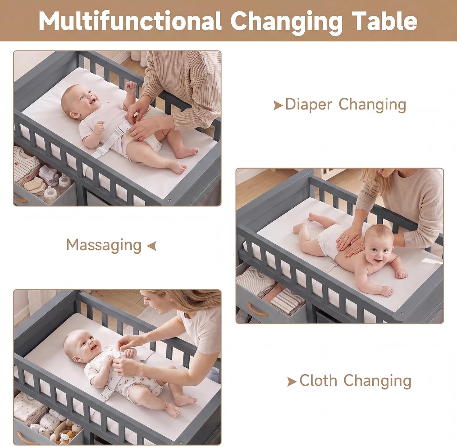 INFANS Wooden Baby Changing Table with 3 Fabric Drawers & Laundry Hamper