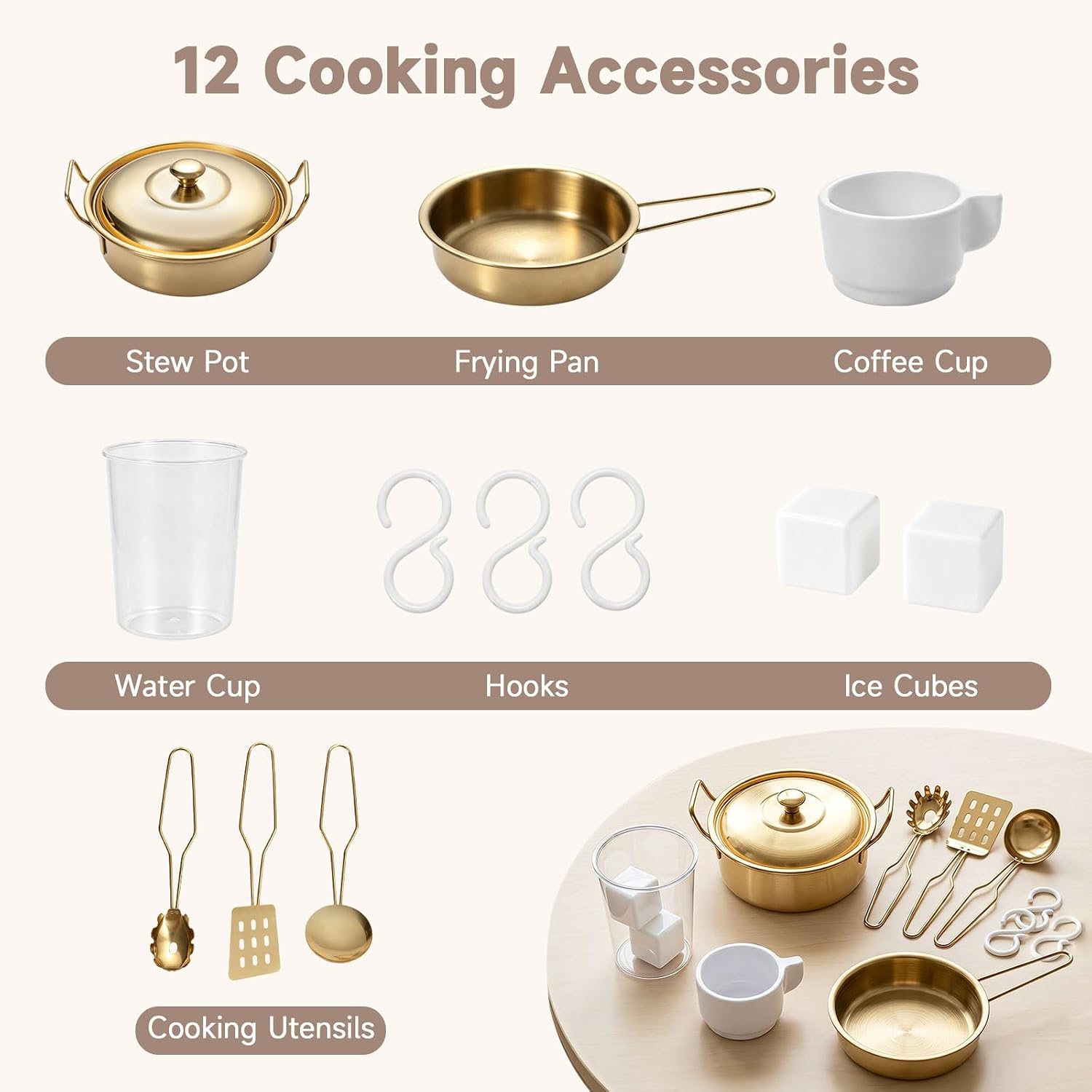 OLAKIDS Wooden Toy Kitchen Set with Lights Sounds Ice Machine Coffee Maker 12Pcs Accessories for Kids Ages 3+