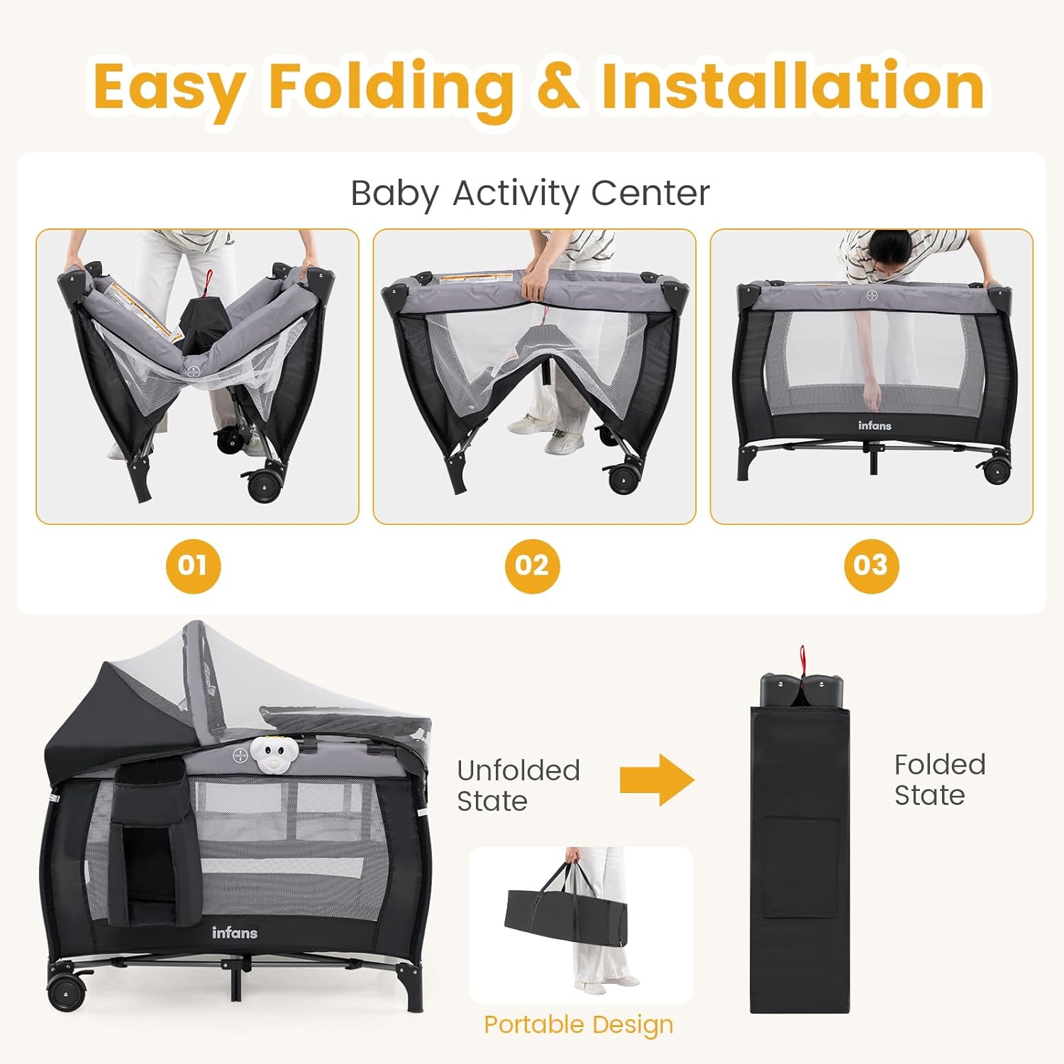 INFANS 4 in 1 Pack and Play, Portable Baby Kid Infant, Travel Playard with Bassinet