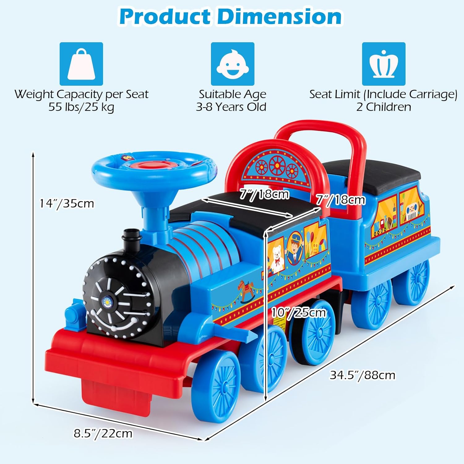 OLAKIDS 6V 2-Seater Ride on Train with Carriage, Storage, Train Whistle, Music, Lights for 18 Months+
