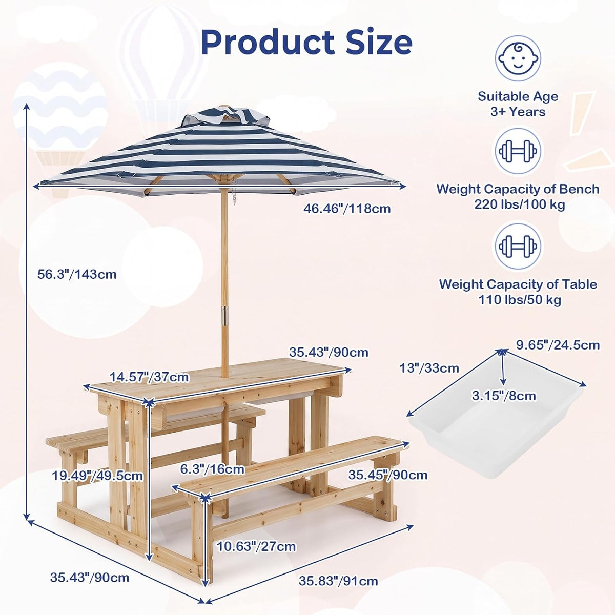 Olakids 4 in 1 Kids Picnic Table with Sand and Water Sensory Bins