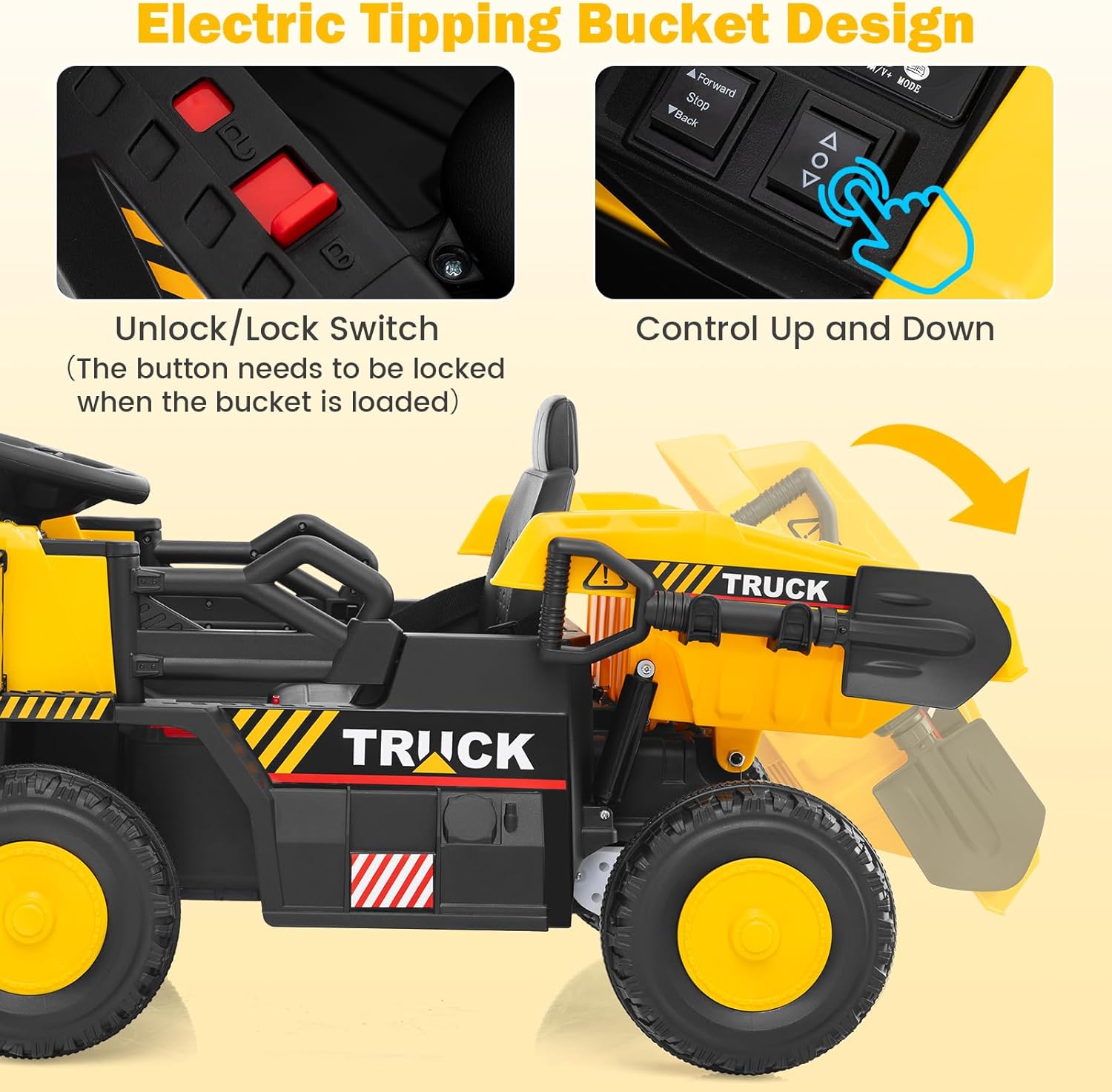 OLAKIDS Ride on Dump Truck, 12V Kids Electric Car Ride on Construction Vehicles with Remote Control, Electric Dump Bed, Shovel, Soft Start, Music, Bluetooth, Ride on Toys for Girls Boys