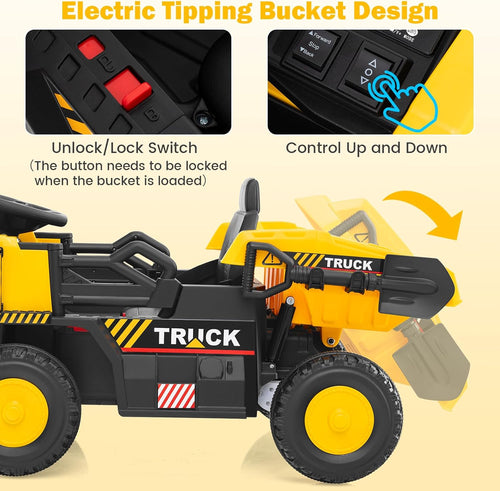 OLAKIDS Ride on Dump Truck, 12V Kids Electric Car Ride on Construction Vehicles with Remote Control, Electric Dump Bed, Shovel, Soft Start, Music, Bluetooth, Ride on Toys for Girls Boys