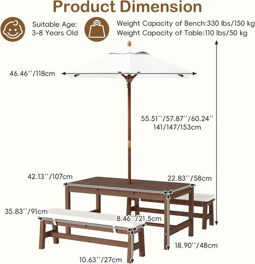 Olakids Kids Picnic Table, Outdoor Wooden Bench Set with Removable Cushions Adjustable Foldable Umbrella
