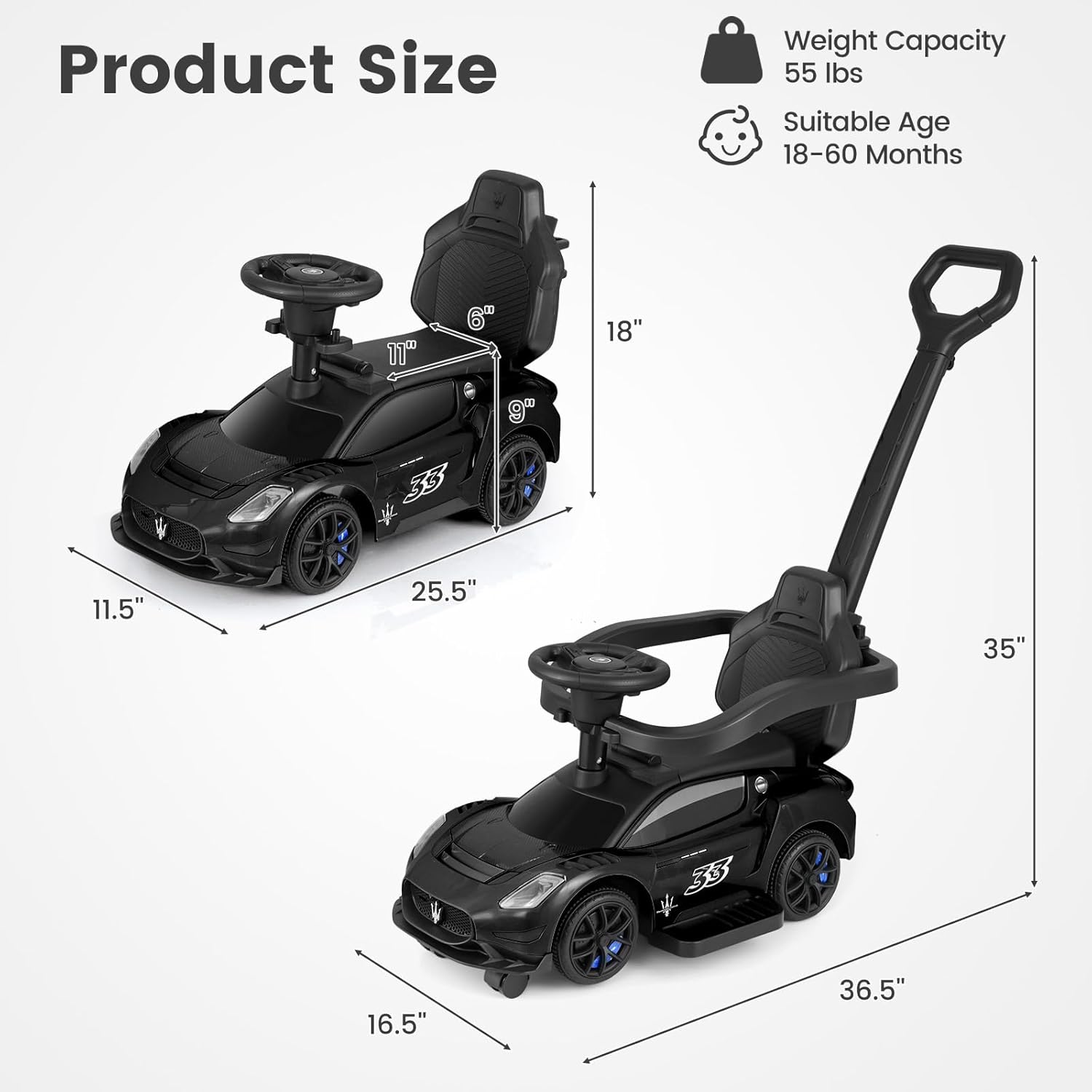 OLAKIDS Push Car for Toddlers, Licensed Maserati 3 in 1 Baby Ride on Sliding with Parent Control Handle