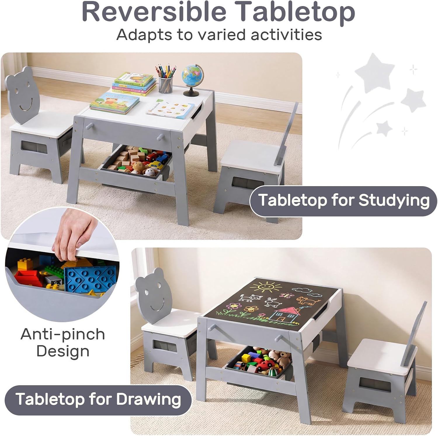 OLAKIDS Kids Table and Chair Set, 4 in 1 Wooden Activity Desk