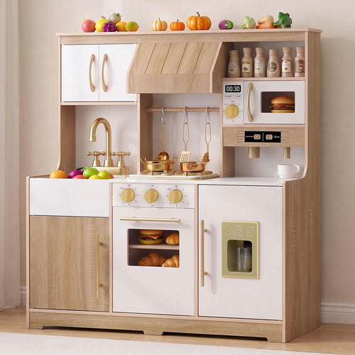 OLAKIDS Wooden Toy Kitchen Set with Lights Sounds Ice Machine Coffee Maker 12Pcs Accessories for Kids Ages 3+