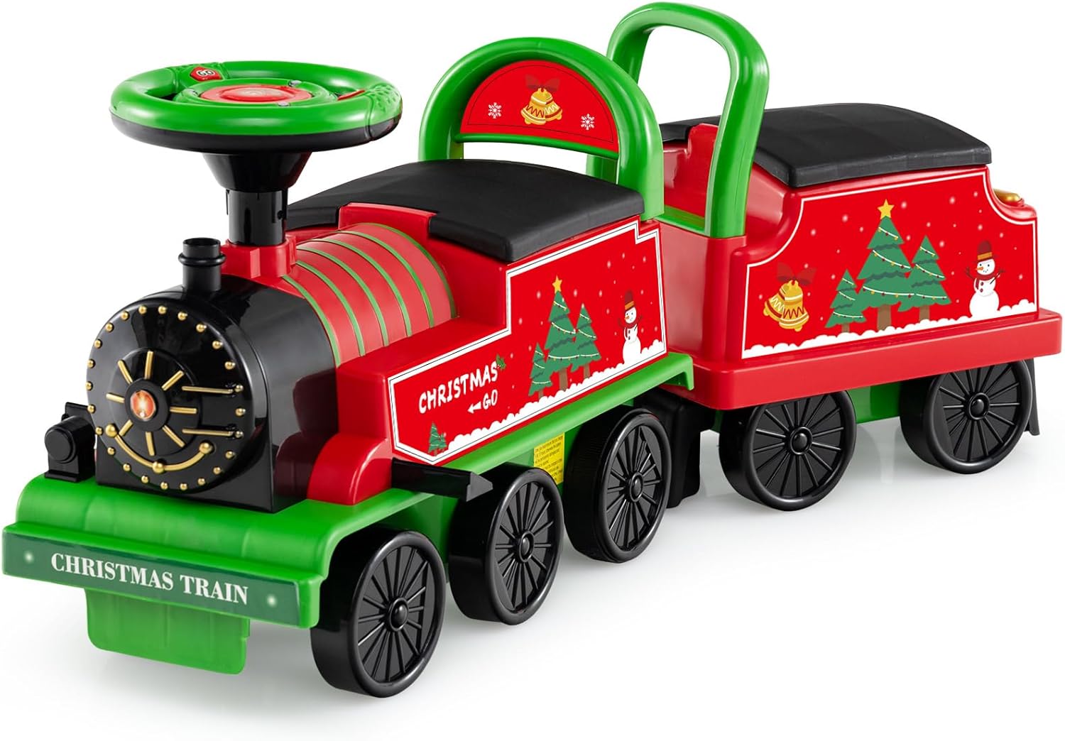 OLAKIDS 6V 2-Seater Ride on Train with Carriage, Storage, Train Whistle, Music, Lights for 18 Months+