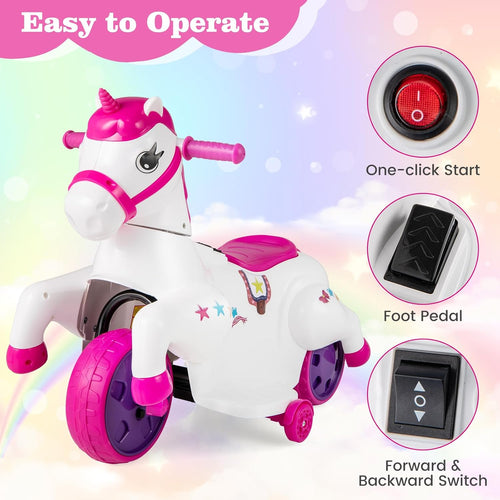 OLAKIDS 2 in 1 Ride on Motorcycle and Horse, Unicorn 6V Battery Powered Ride on Toy  Aged 3-6 Years
