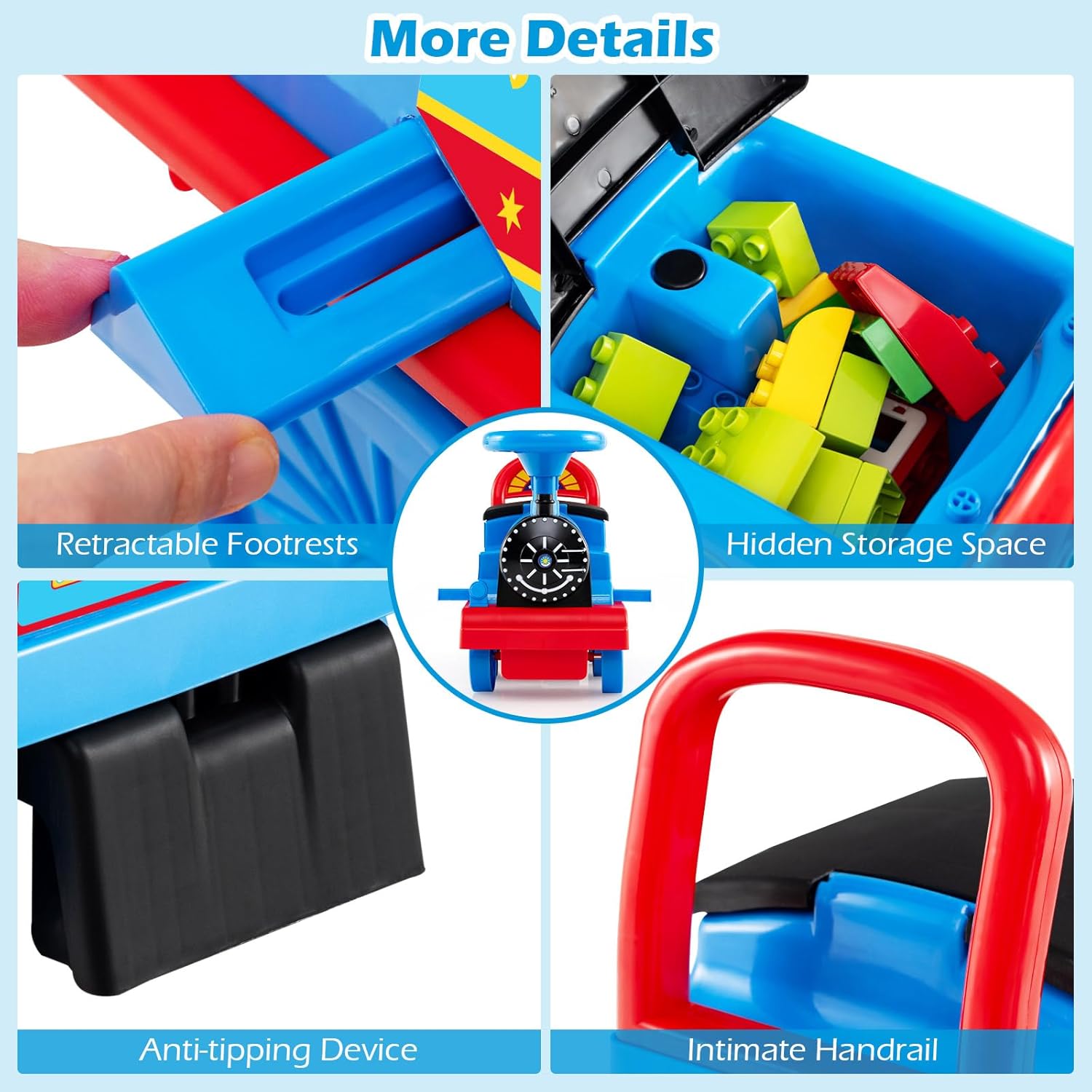OLAKIDS 6V 2-Seater Ride on Train with Carriage, Storage, Train Whistle, Music, Lights for 18 Months+