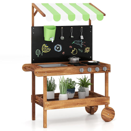 OLAKIDS Mud Kitchen, Outdoor Play Kitchen with Drawing Board, Real Water Flow, Removable Sink, Storage, Cooking Accessories,for Boys Girls Ages 3+